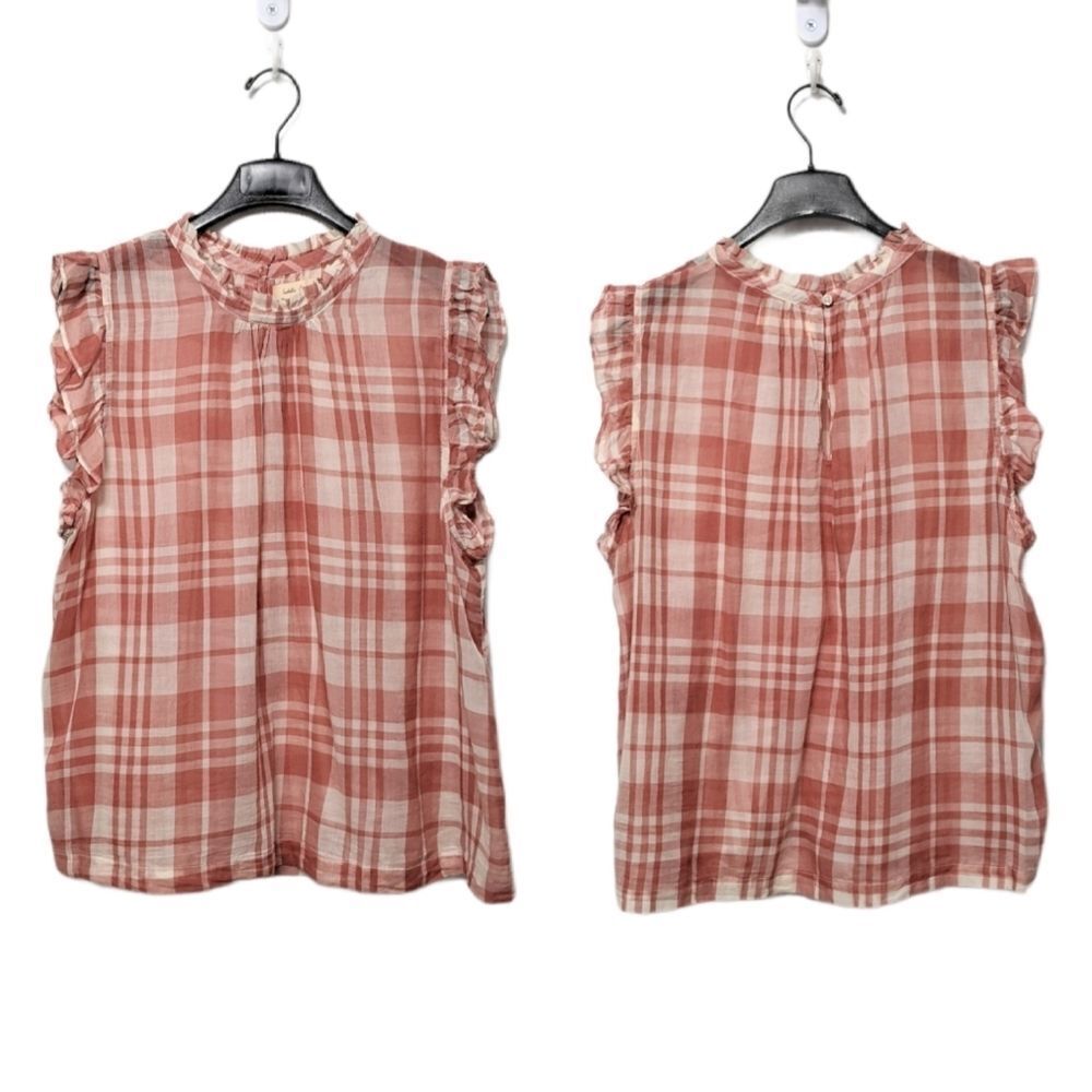 Anthropologie Pink Plaid Ruffle Sleeve Top